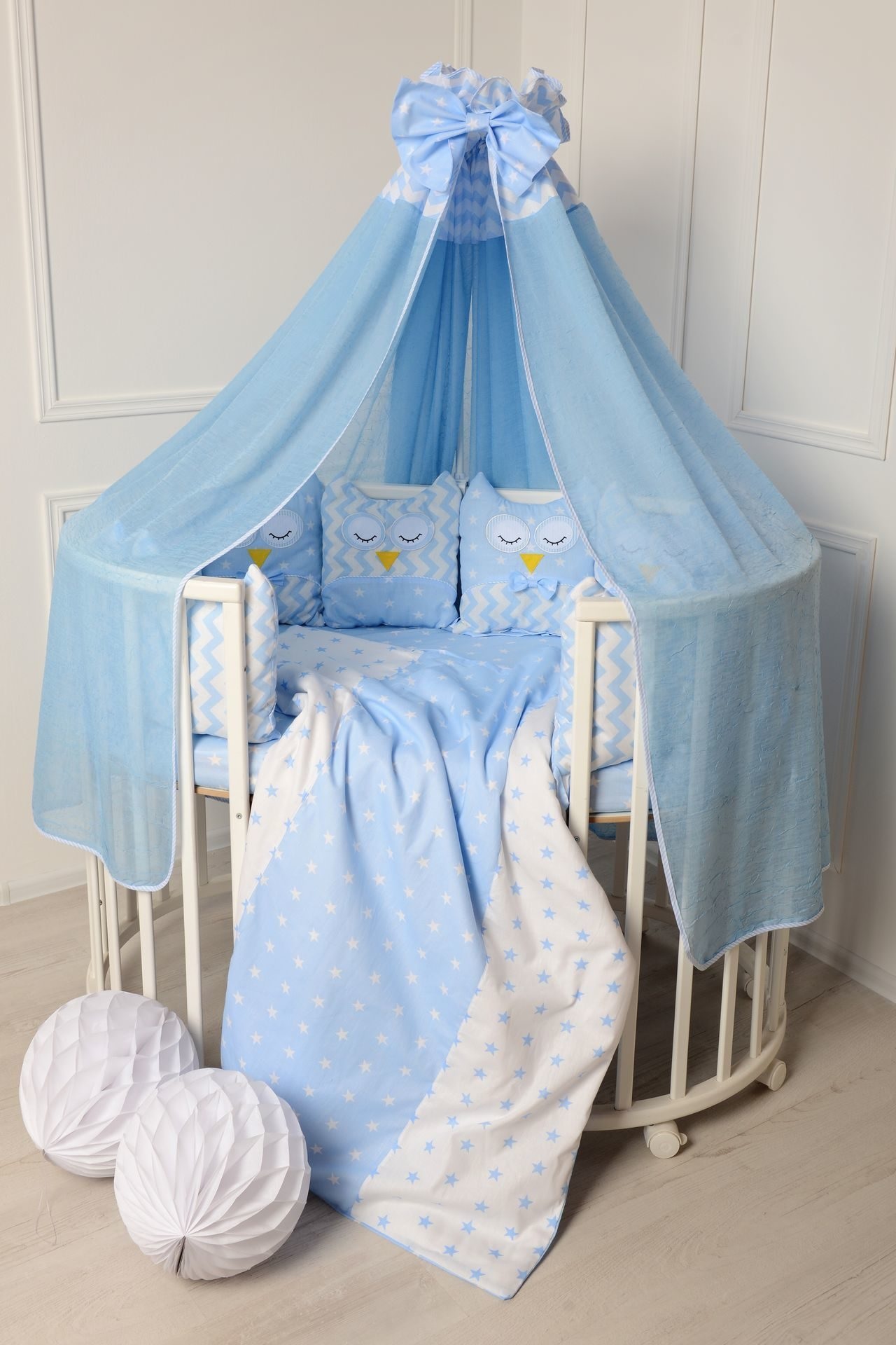 Комплект для круглой/овальной и классич. кровати "Совы" голубой. Фото N2