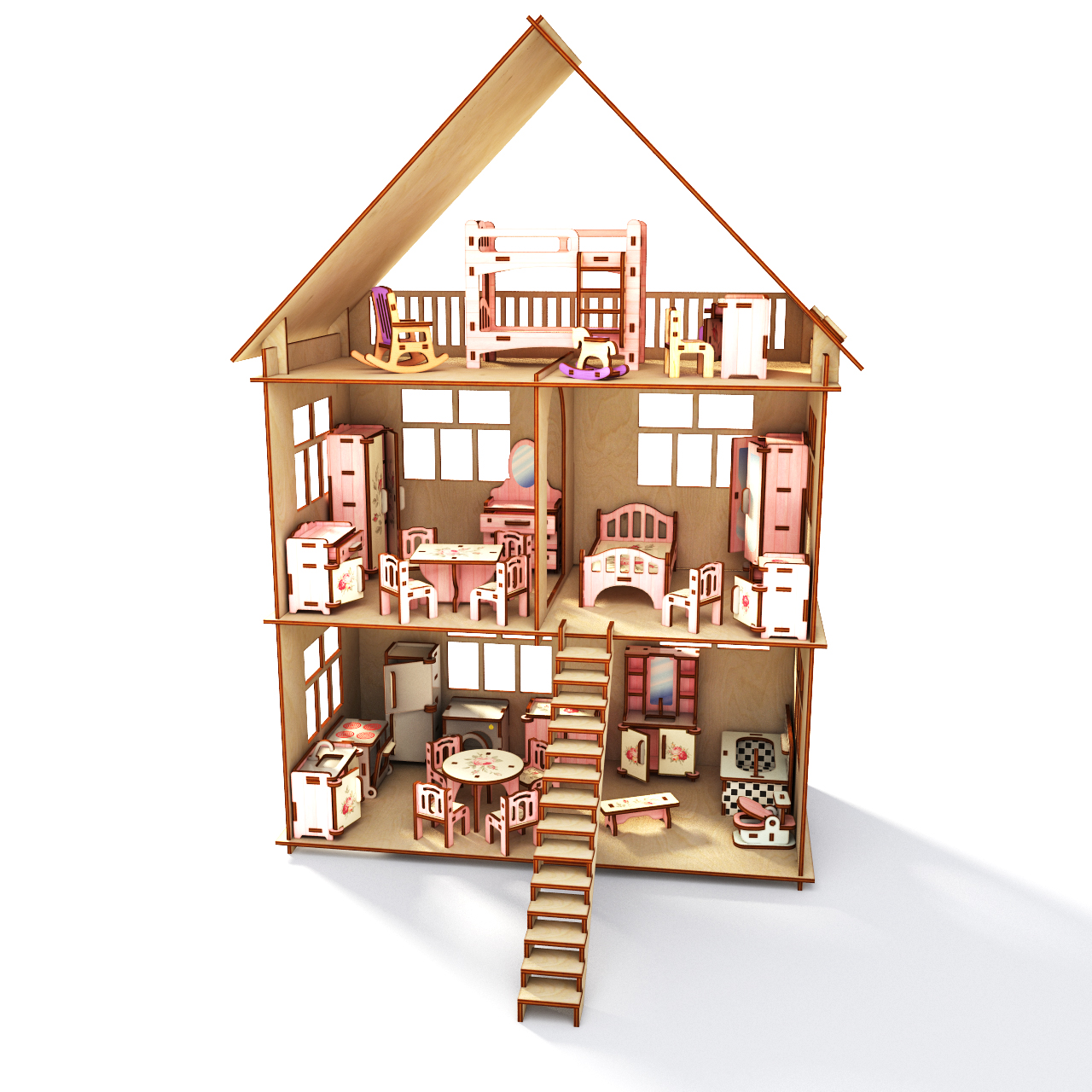 Деревянный кукольный домик с мебелью