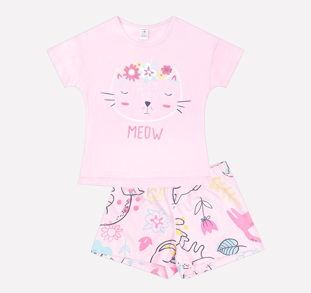 Пижама д/д кор.рукав роз.облако+кошки с цветами. Фото N2