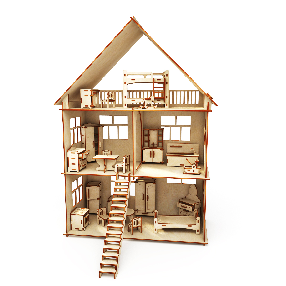 Деревянный кукольный домик с мебелью 3 этажа